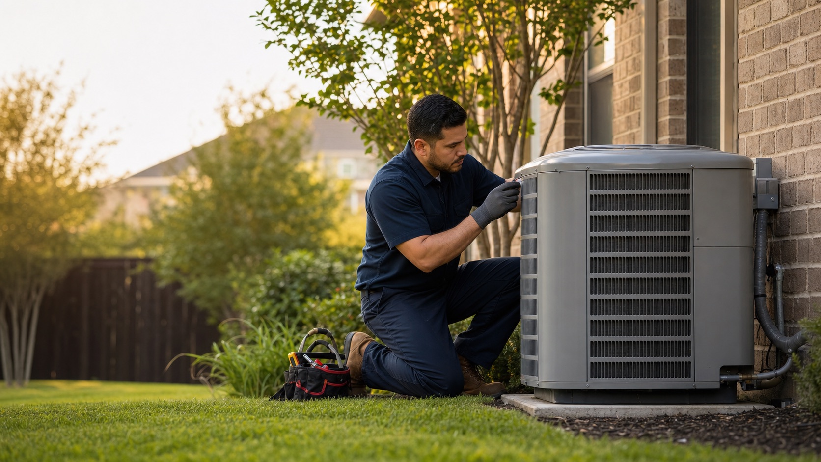 HVAC technician inspecting residential outdoor equipment