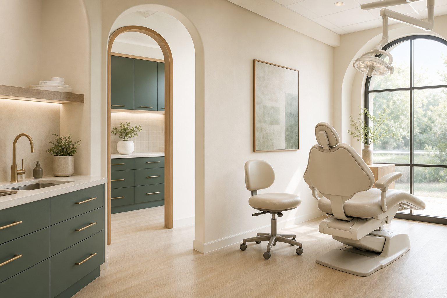 A warm modern dental treatment room with sage cabinetry, arched details, and natural light.