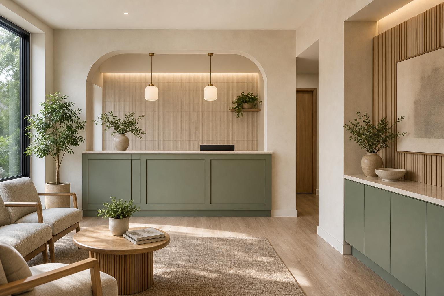 A warm modern dental studio reception area with sage cabinetry, arched details, and comfortable seating.