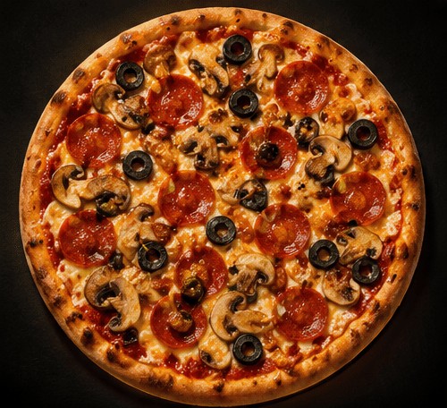 Graveyard Shift pepperoni, mushroom, and olive pizza