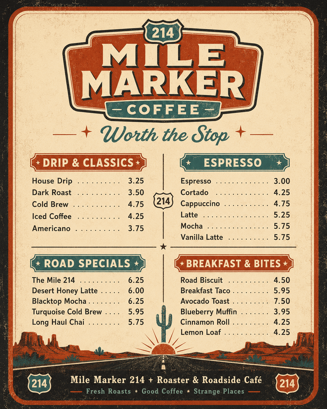 Vintage Mile Marker Coffee menu poster with drinks, breakfast, and roadside specials