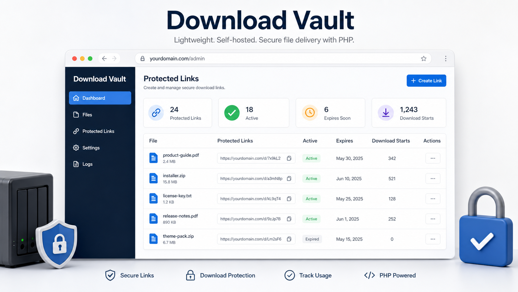 Download Vault dashboard preview showing protected links and download starts